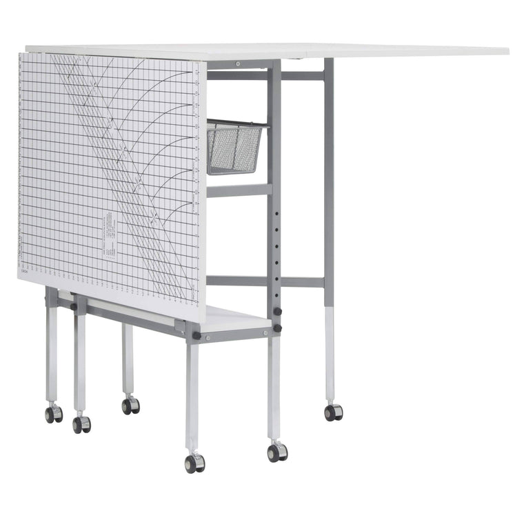 Sew Ready Mobile Folding Height Adjustable Quilting Fabric Cutting Table with Sewing Board Grid and Storage in Silver/White Top