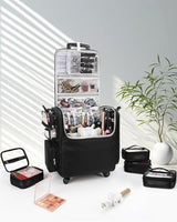 Relavel Rolling Makeup Train Case, Hairstylist Traveling Bag with 4 Wheels, Heat Insulation Full Layer, Adjustable Dividers, Hair Tools and Cosmetics Storage Organizer Trolley Suitcase Makeup Cart