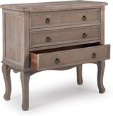ClickDecor Thomas Antique Country Style Dresser Chest with 3 Drawers, Weathered Wood Nightstand Living Room Accent Furniture, Black Ring Handle, Curved Legs, Gray